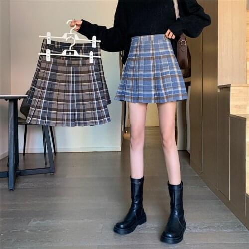 2021 Autumn Winter Woolen Women Pleated Skirt Harajuku Plaid Skirts Mini Cute Japanese Ladies Jupe Kawaii Shorts Skirts