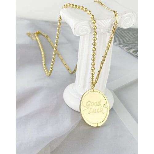 European and American hip hopple color necklace couple models good luck gold coin oval titanium steel necklace sweater chain lif