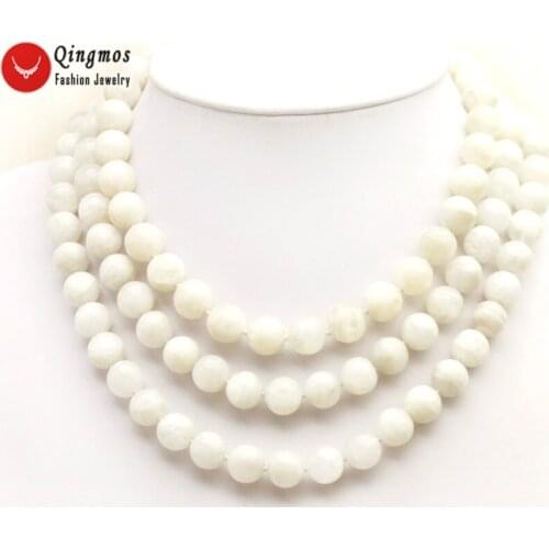 Qingmos Natural Moonstone Necklace for Women with 3 Strands 12mm White Round Moonstone Stone Necklace Jewelry Chokers nec6501