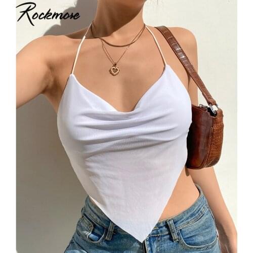 Rockmore Sexy Solid Mesh Halter Crop Top WomenS Backless Bustier Tank Tops V Neck Sleeveless Cami Summer Streetwear Clubwear
