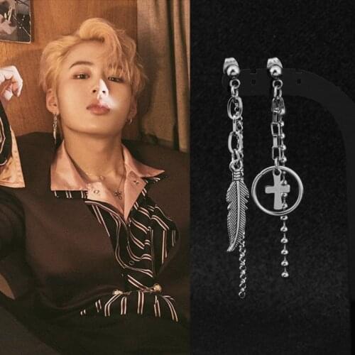 Men Punk Earrings Korea Boys Stainless Steel Feather Cross Pendant Stud Earring Guy Women Rock Hip Hop Grunge Punk Ear Clip Gift