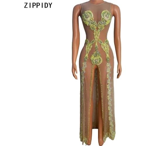 New Style Split Yellow Stones Mesh Dress Prom Birthday Celebrate Evening Clothes Female Singer Show Long Dresses