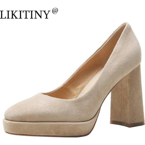 LIKITINY 2021 Spring Autumn Chunky heels Genuine Leather Platform Black Nude Pumps Leisure High heels Women shoes Size 33-40