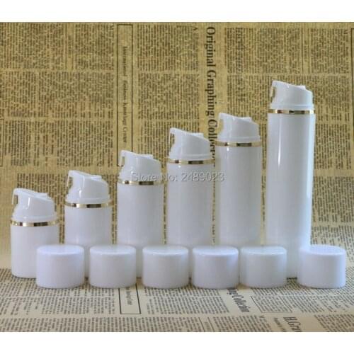 Golden edge White cap Airless Pump Bottle Plastic Airless Bottles Vacuum cosmetic Lotion Containers 2 pcs/lot 30ml 50ml 100ml