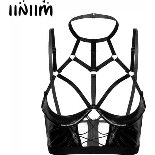 Womens Open Breast Bra Tops Halter Neck Exotic Tanks Hollow Out Strappy Patent Leather Back Zipper Underwire Unlined Brassiere