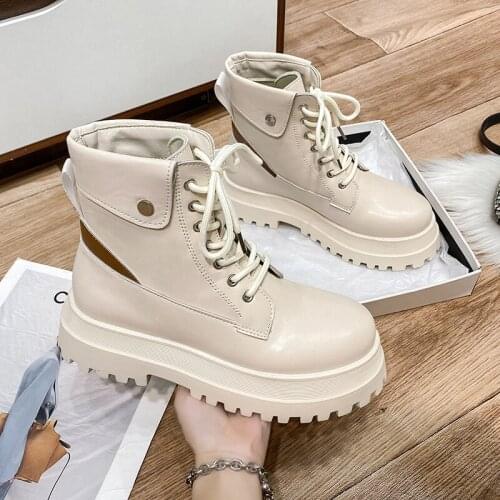 WHNB Punk Gothic Combat Boots Women 2021 New Beige Black Platform Motorcyle Boots Lace Up Chunky Heels Ankle Boots Female Shoes