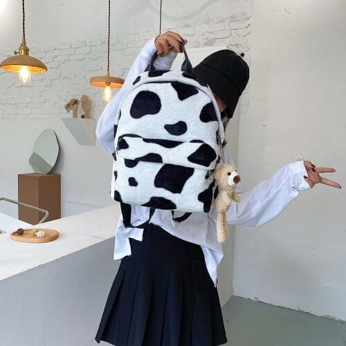 2021 Women Soft Plush Backpack Students School Book Bag Retro Zebra Cow Print Rucksack Female Large Capacity Travel Shoulder Bag