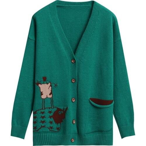 2019 Autumn Winter V-Neck Sweater Women Casual Knitted Single Breasted Tops green Embroidery Cardigans Womens clothing