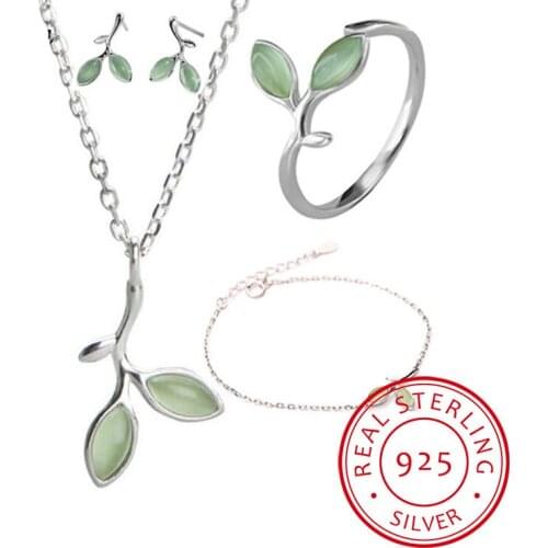 925 Sterling Silver Jewelry Sets Opal Leaf Bud Necklace+Earrings+Ring+Bracelet For Women Summer Jewelry Gift