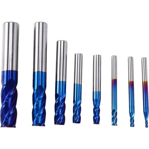8 Pcs Nano Blue Coated Tungsten Steel End Mills 4 Slot CNC Milling Cutter Milling Machine 50 Degree End Mills