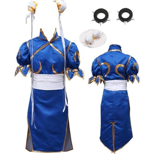 Blue Chunli Blue cheongsam Fighter Cosplay Costume Halloween