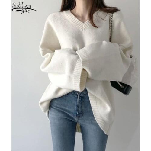Black White Pullovers Korean Style 2021 New Autumn Winter Sweater Women Loose Casual V-Neck Knitted Top Solid Clothing 16613