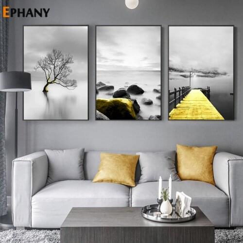 Black White Landscape Canvas Poster Nordic Yellow Bridge Wall Art Foggy Ocean Print Painting Picture Scandinavian Home Decor