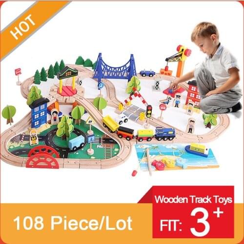 DIY Wooden Railway Trains Race Track Toy Car Station Bridge Accessories Model Educational Building Blocks Toys For Children