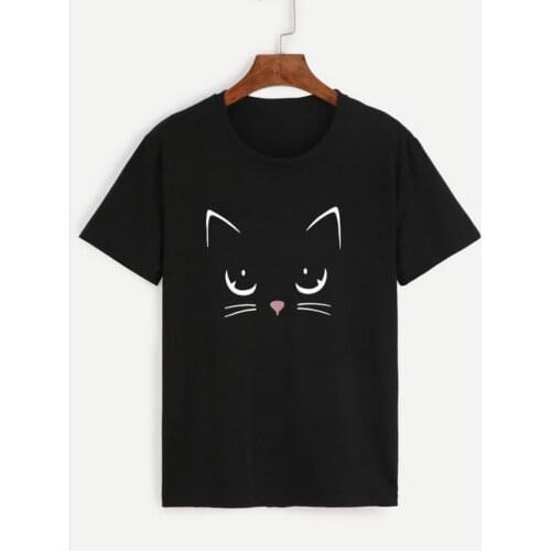 Fashion Cat Printed Short-Sleeved Tshirts Summer Cute Pussy Graphic T-shirt Women Casual Tops Round Neck Harajuku Tees Clothes
