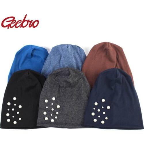Geebro Womens Pearl Beanie Autumn Plain Cotton Slouchy Beanies for Women Casual Knitted Balavaca Skullies Hat for Female DQ833