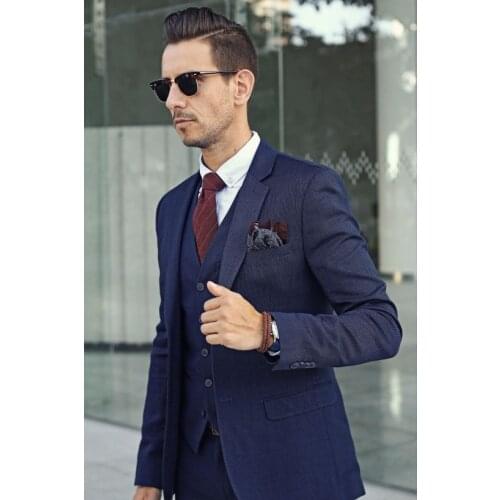 Latest Coat Pant Designs Navy Blue Suits Slim Fit Skinny Tuxedo 3 Piece Men Suit Tailor Suits Fashion Groom Blazer Masculino
