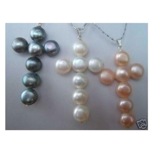 Pretty 3PCS freshwater pearl cross pendant necklace