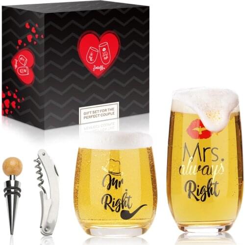 Mr Right and Mrs Always Right Beer and Wine Glass - Wedding Shower Engagement Anniversary - Drinking Glassware for Couples