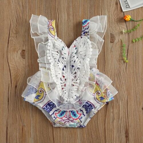 2021 New Toddlers Embroidery Printing Bodysuit Infant Girls' Sleeveless Multi-layer Blouse Babies V-neck Princess Clothing