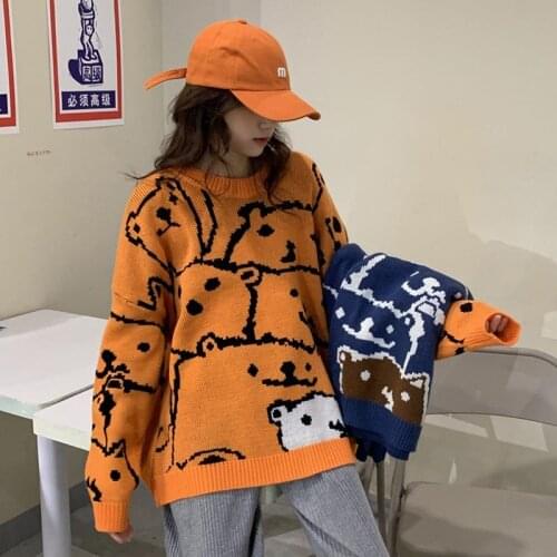 Winter New Harajuku Style Korean-Style Loose Womens Long-Sleeved round Neck Pullover All-match Bear Knitted Sweater