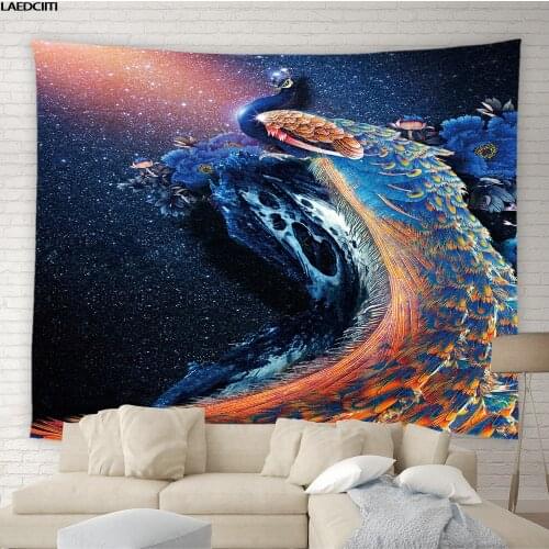 Peacocks Feather Tapestry Psychedelic Starry Sky Bohemian Flowers Background Wall Hanging Exotic Living Room Bedroom Home Decor