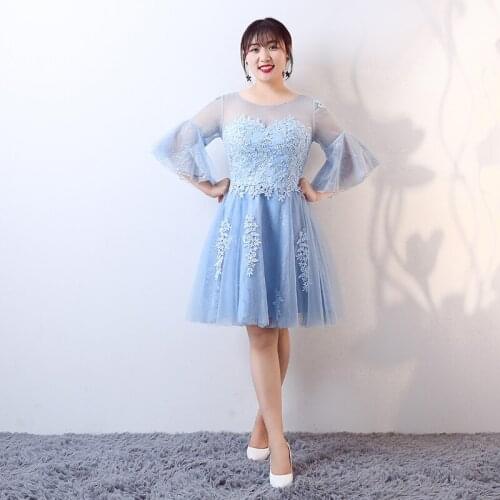 Prom Dress Sky Blue A-Line Elegant Lace Plus Size Swadding Pattern Regular Knee-Length Flowers Three Quarter Party Dress D009