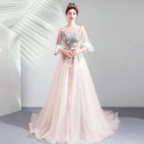 Real Photo Peach Illusion Evening Dresses Scoop Lantern Sleeves Prom Dress High Waist Evening Gowns Party Dress