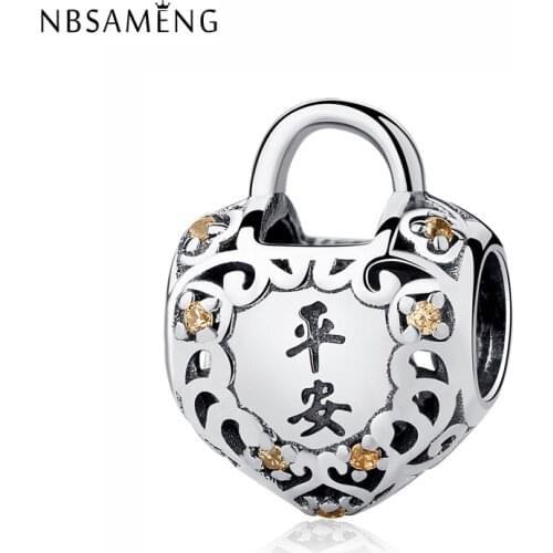 Charms Silver 925 Original Fit Bracelet Jewelry Making Beads Chinese Best Wishes Longevity Heart Lock Women Diy Charm