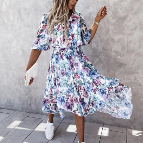 Casual Pretty Comfortable Ruffled Button Ladies Midi Dress Summer Ladies Dress Floral Print for Going Out