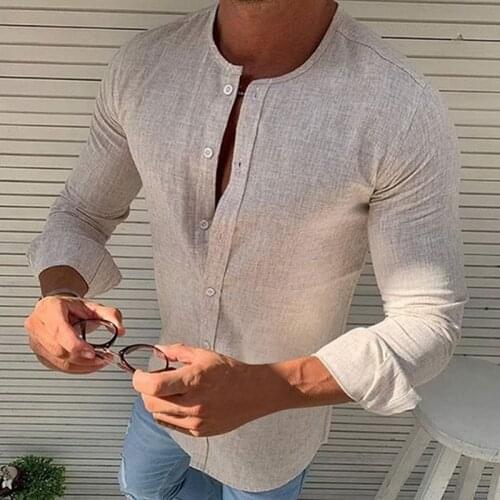 Men Casual Round Neck Solid Color Shirt Button Closure Cotton Linen Long Sleeve Shirts Tops Loose 2020 Autumn Male Tee Shirt