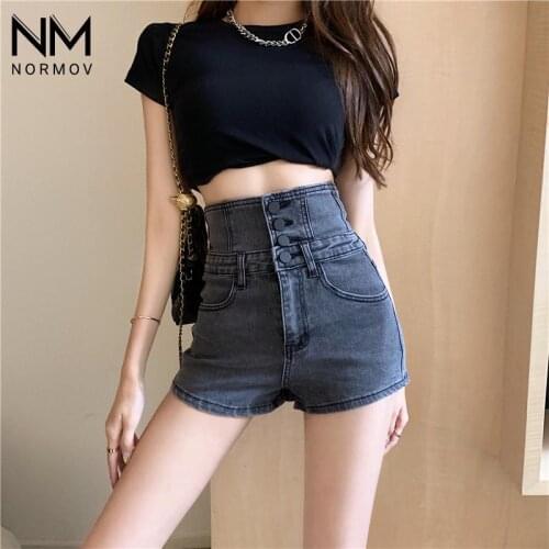 NORMOV Denim Shorts Women Summer Buttons High Waist Jeans With Pockets Female Fashion Casual Back Tether Tight Short
