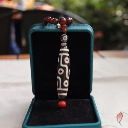 Tibet Nine-Eyed Dzi Bead Pendant 108 rosary chain necklace with 6mm small leaf red sandalwood southern red 925 silver 58*13 mm