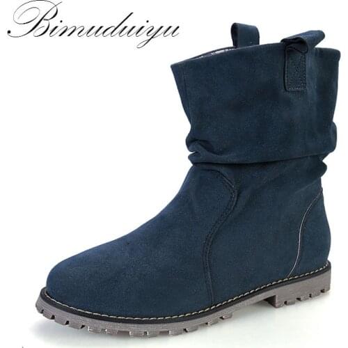 BIMUDUIYU New Trendy Spring Autumn Winter Flock Fashion Boots City Lady Ankle Flat Winter Boots Women Snow Boots Big Size 35-43