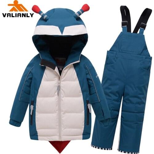 VALIANLY 2020 Winter Kids Ski Sets Warm Snowsuit Hooded Boys Girls Ski Suit Ski Jacket Pants Outdoor Waterproof Children Clothes