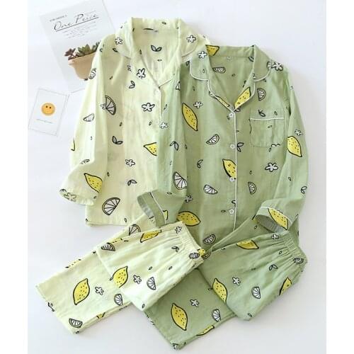 Spring Gauze Loose Homewear Women Comfortable Breathable Pajamas Set 2021 Cute Print Two Piece Home Suit Female Cotton Sleepwear