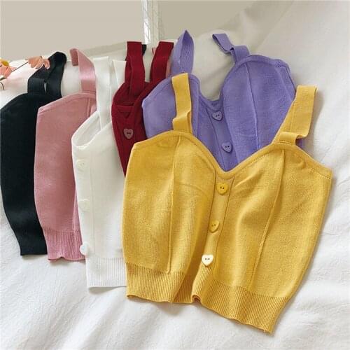 Women Fashion Button Decor Camisole Woman Casual Solid Color Knitting Vest Ladies Sweet V-neck Short Vest For Female