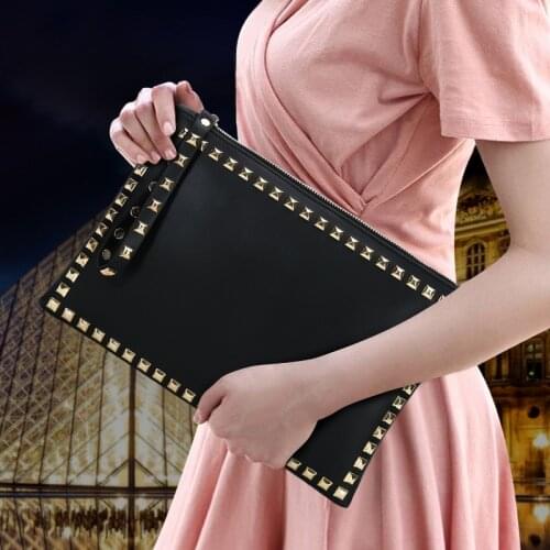 Women Fashion Clutch Handbag PU Leather Clutch Bag Rivets Retro Lady Envelop Bag