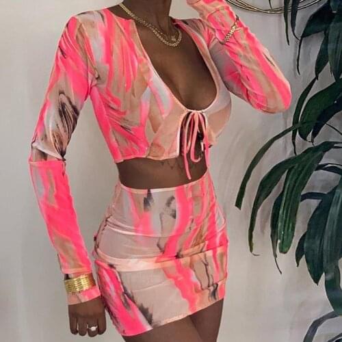 2021 Women New Summer Colorful Bodycon Short Skirt Suit Printed Long Sleeve Sexy Slim 2 Piece Sets