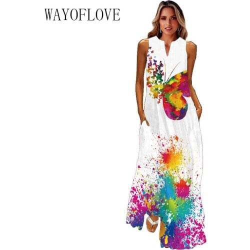 WAYOFLOVE Printed White Dress Summer Holiday Beach Casual Elegant Vintage Dresses Woman Party V Neck Sleeveless Long Dress Women