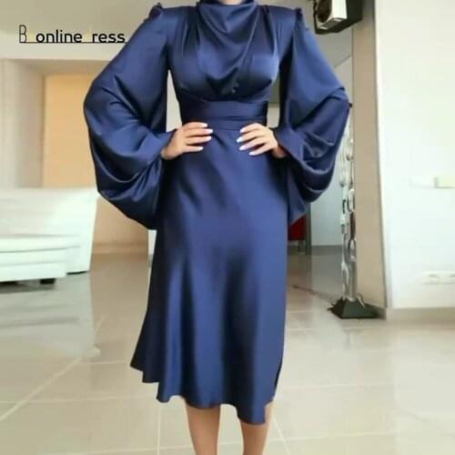 Bbonlinedress High Neck Dark Royal Blue Long Sleeve Evening Dress Elegant Knee-Length Women Formal Party Gown robe de soiree