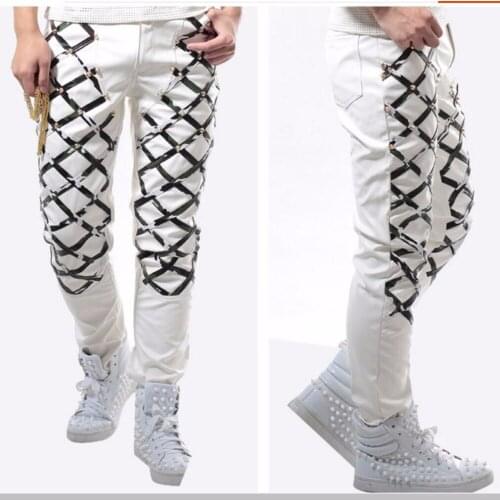 27-40 Plus Size Men Leather Pants Camouflage Rivets Leather Pants Ds Punk Slim Trousers Nightclub Dj Singer Stage Costumes