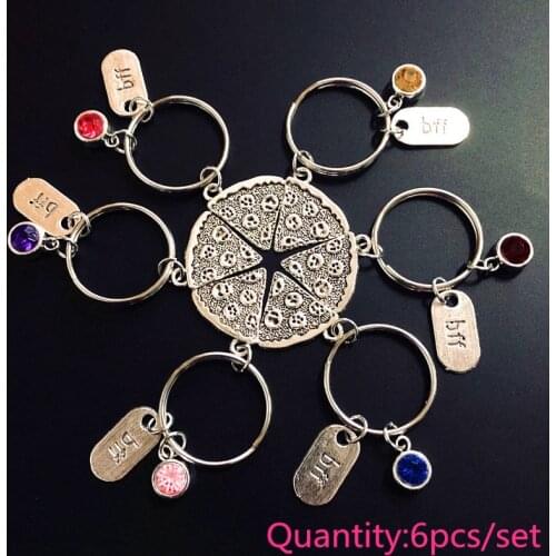 6pz/set BFF Pizza Keychain Alloy Silver Color Slice Pizza Colorful Crysal Dangle Pendant Best Friend Forever Friendship Keychain