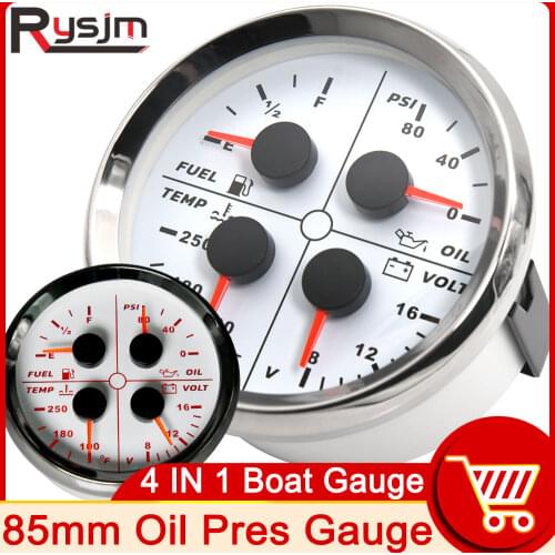 85mm Oil Pressure Gauge 4 in 1 Multi-function Gauge 0-80 Psi Oil Press Water Temp Fuel Level 0-190ohm Voltmeter Red Backlight