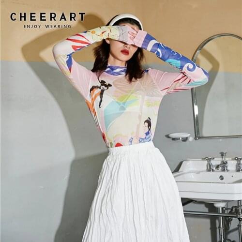 CHEERART Pink Gradient Mesh Top Long Sleeve T Shrit Turtleneck Printed Tshirt Women Aesthetic Designer Tee Shirt Clothing 2020