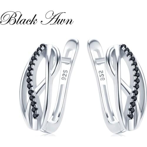 Black Awn Classic 925 Sterling Silver Round Black Trendy Spinel Engagement Hoop Earrings for Women Fine Jewelry Bijoux I147