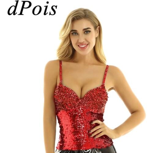 DPOIS Sexy Women Dazzling Glitter Sequins Straps Tank Tops Push Up Underwired Bustier Club Rave Party Top Dancing Vest Clothes