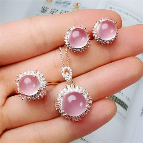 Luxury Bridal Jewelry Sets Elegant Pink Round Pearl Jewelry Set Stud Earrings Adjustable Open Rings Necklace Sets For Women