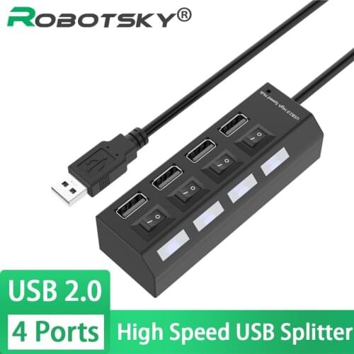 Robotsky USB 2.0 HUB 4 Port High Speed USB Splitter with LED Indicator ON/OFF Switch for Desktop Notebook Laptop