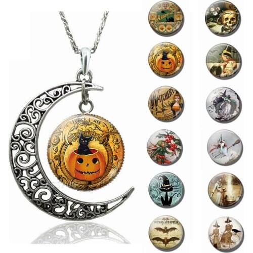 Nightmare Before Christmas Pumpkin Head Bat Witch Crescent Moon Necklace Glass Cabochon Jewelry Frightened Halloween Party Gifts
